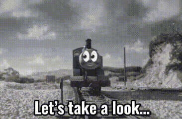 a black and white photo of a train with big eyes and the words `` let 's take a look ... '' .