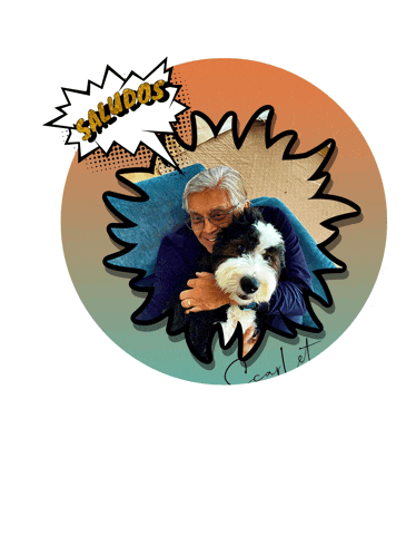 a cartoon drawing of a man and a dog with a speech bubble that says " saludos "