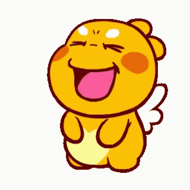 a cartoon character with wings and a heart on his chest is laughing and smiling .