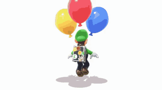 a cartoon character holding a briefcase and a blue balloon