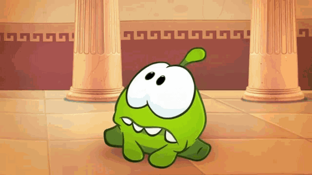 a green cartoon character sitting in front of columns
