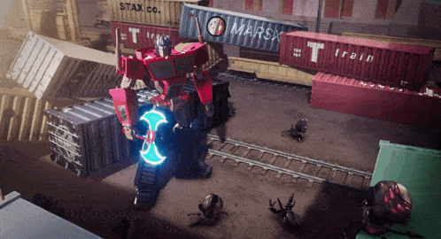 a robot is surrounded by shipping containers including one that says ' marsk train ' on it