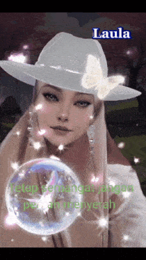 a woman wearing a white hat with a butterfly on it and the name laula on the bottom