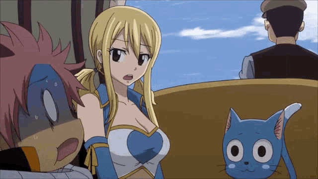 a cartoon of a woman standing next to a cat with a surprised look on her face