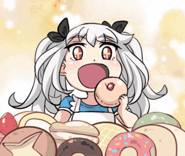 a cartoon of a girl holding a donut in her mouth
