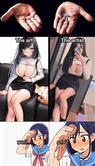 a hand holding a red pill next to a hand holding a blue pill and a girl taking a selfie