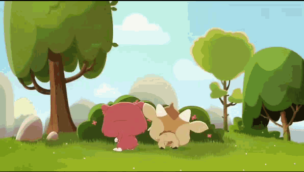 a couple of cartoon characters standing in a grassy area