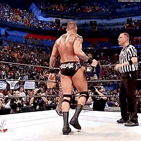 a wrestler is standing in a wrestling ring while a referee looks on .