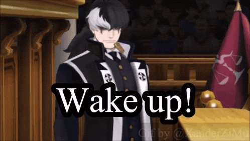 a man in a suit says wake up in front of a flag