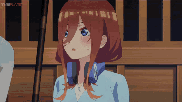 a girl with red hair and blue eyes is sitting in front of a fence with animeflv.net written on the bottom
