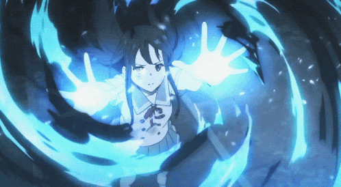 a girl in a school uniform is surrounded by a blue swirl