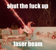 a woman is dancing in front of a pool with a laser beam coming out of her dress
