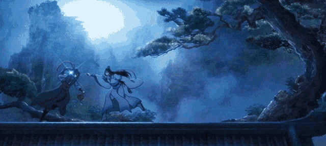 a couple of anime characters are fighting each other in a forest