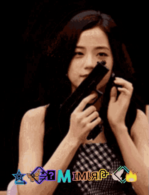 a woman is holding a gun in front of her face and the word mimiaf is on the bottom left