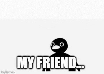 a black penguin with big eyes is making a funny face and says `` english or spanish ? my friend ... ''