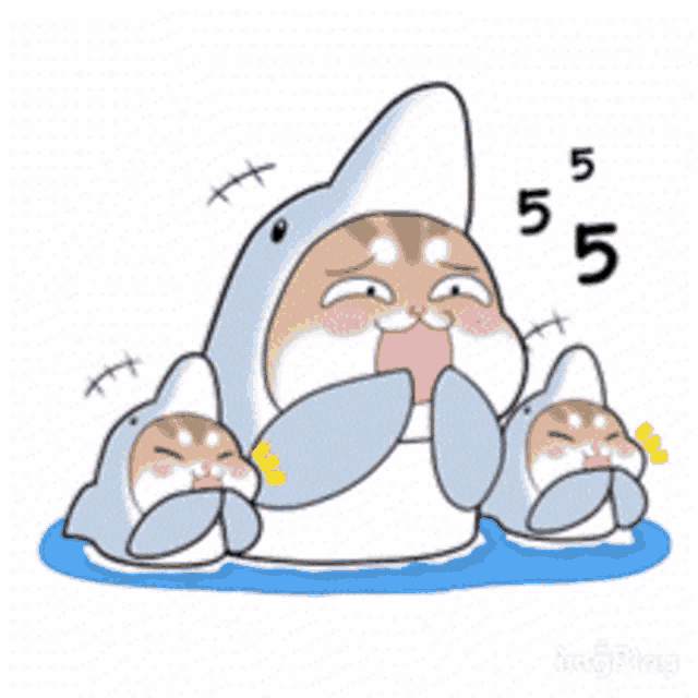 a cartoon of a cat in a shark costume with two other sharks
