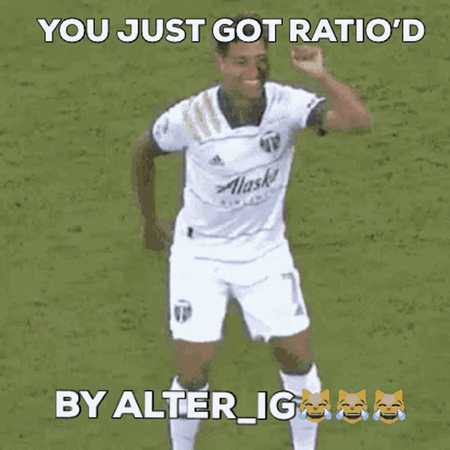 a group of soccer players are on a field with the caption " you just got ratio d by alter_ig "