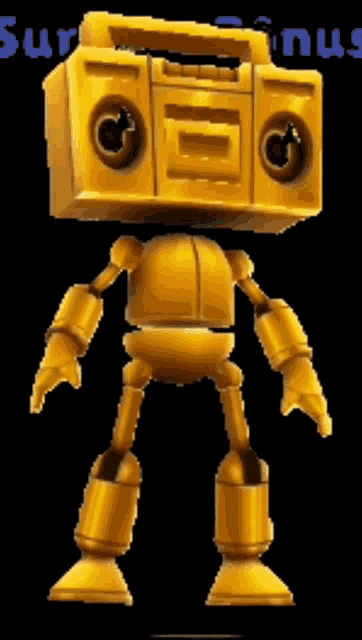 a gold robot with a boombox on his head and the word bonus in the background