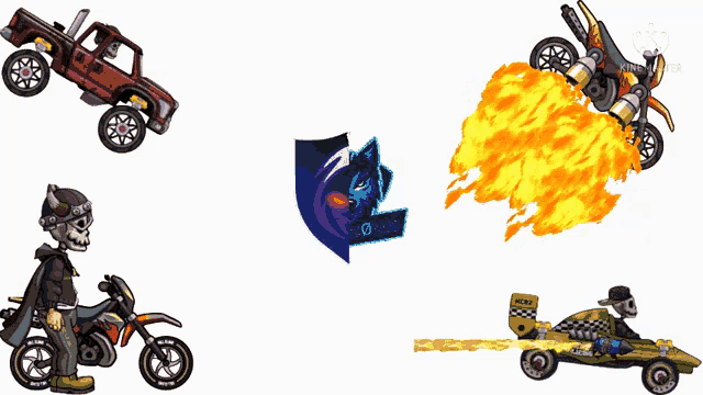 a skeleton is riding a motorcycle next to a truck and a car