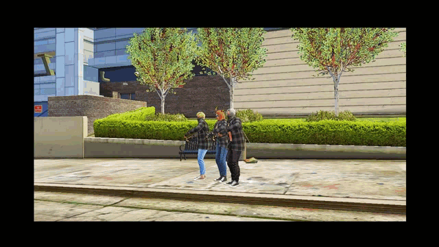 a group of people standing on a sidewalk in front of a building with a sign that says ' sd ' on it