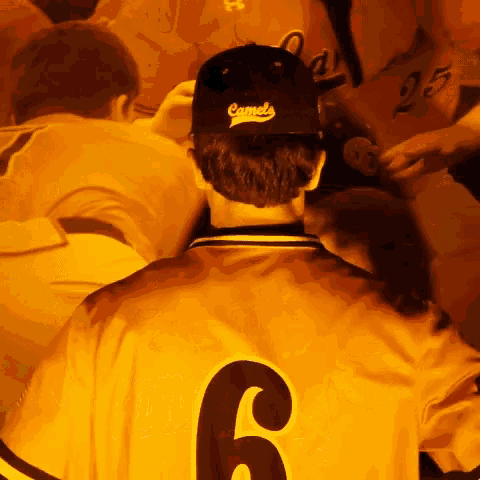 a baseball player wearing a camels hat and number 6 jersey