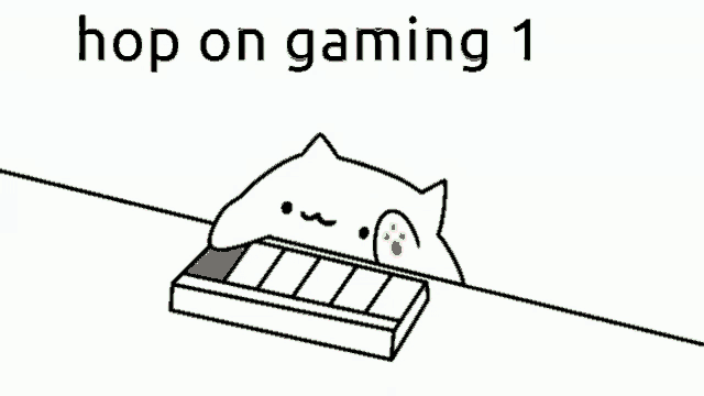 a cartoon of a cat playing a game with the words hop on gaming 1 below it