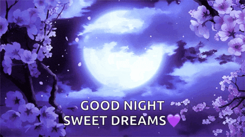 a good night sweet dreams card with a full moon and purple flowers