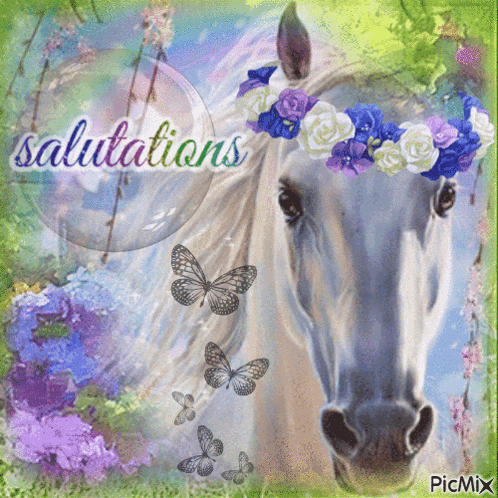 a picture of a horse wearing a flower crown with the words salutations written above it