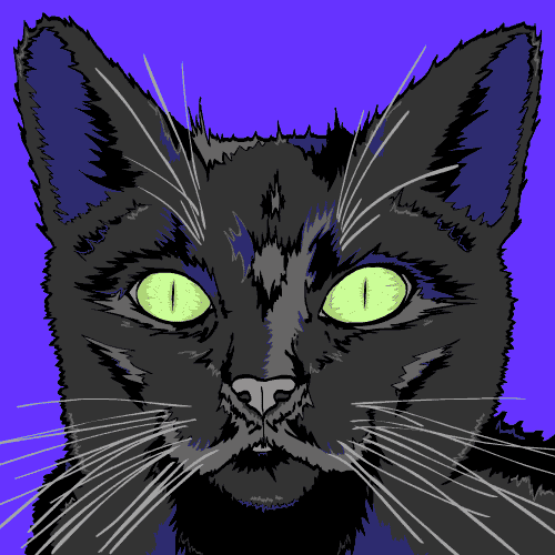 a drawing of a black cat with bright green eyes on a purple background