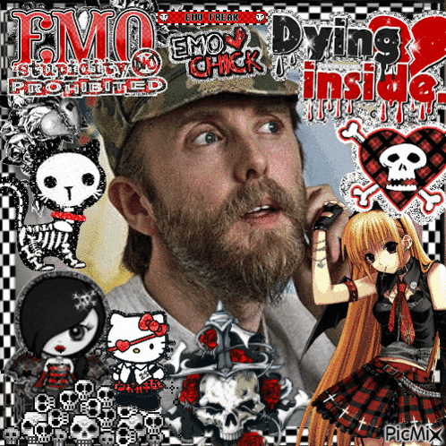 a picture of a man with a beard is surrounded by skulls and anime characters
