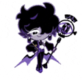 a cartoon character with purple hair and wings is holding a cane and a magnifying glass .