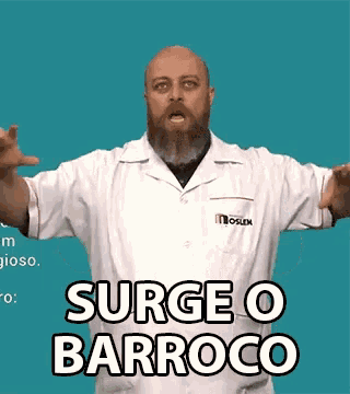a man with a beard is wearing a white lab coat that says surge o barroco on it