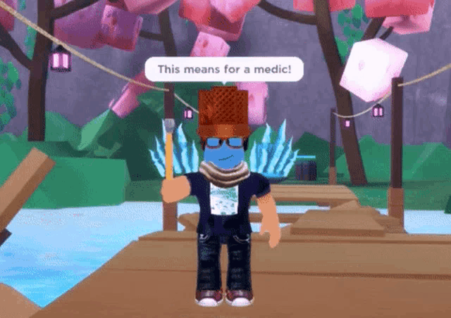 a video game character says " this means for a medic " while holding a stick