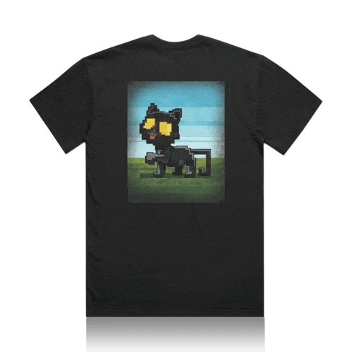 a black t-shirt has a picture of a pixelated cat on it