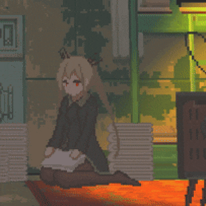 a pixel art of a girl kneeling down holding a white pillow