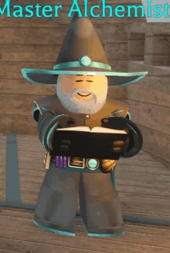 a cartoon character named master alchemist is holding an open book