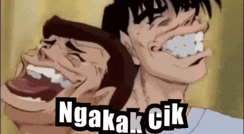 a cartoon of two men laughing with the words ngakak cik in the middle