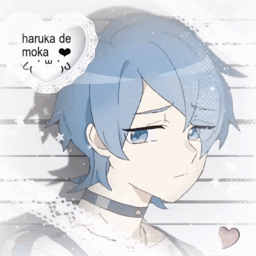 a picture of a boy with blue hair and a heart that says haruka de moka