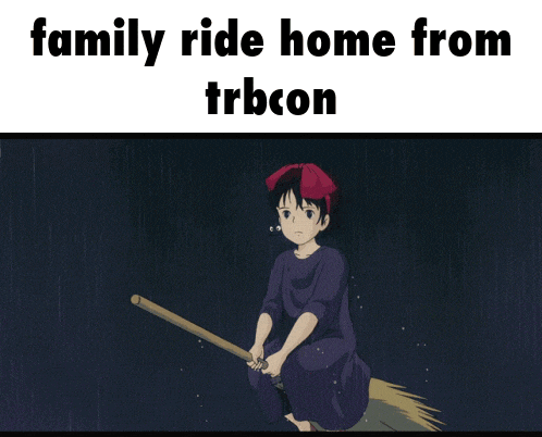 a picture of a girl on a broom with the words family ride home from trbcon