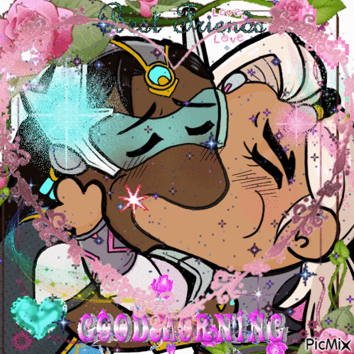 a cartoon of a man kissing another man with the words good morning on the bottom