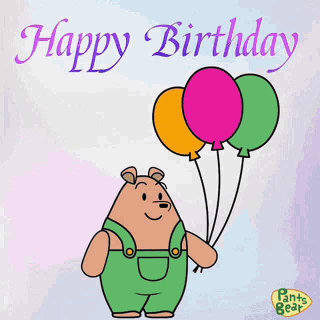 a cartoon of a bear holding three balloons with the words happy birthday below it