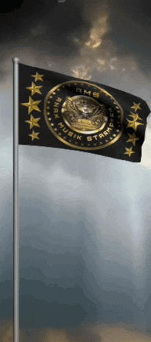a black and gold flag that says rmb on the top
