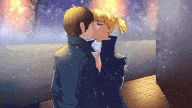 a man and a woman are kissing in a snowy scene