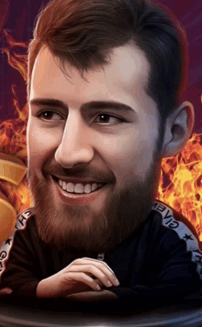 a caricature of a man with a beard wearing a black shirt with the word vip on the sleeve