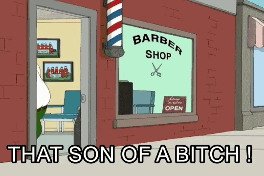 a cartoon of a barber shop with the words that son of a bitch below it