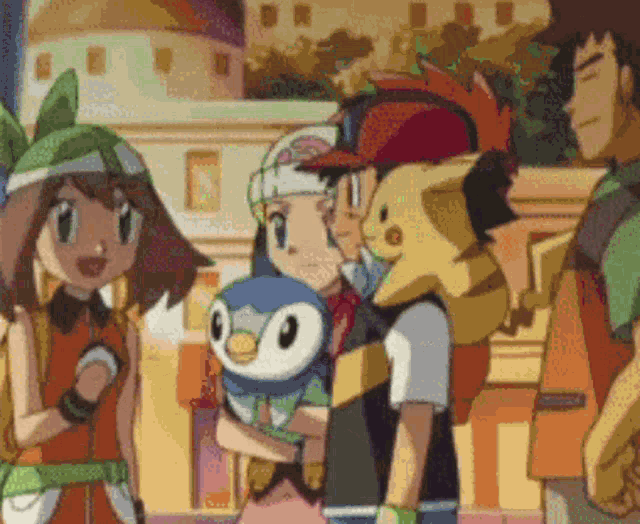 a group of cartoon characters standing next to each other with one holding a stuffed animal
