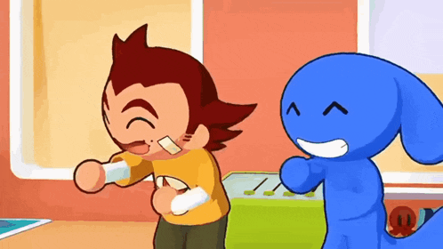 a boy and a blue monster are playing a video game