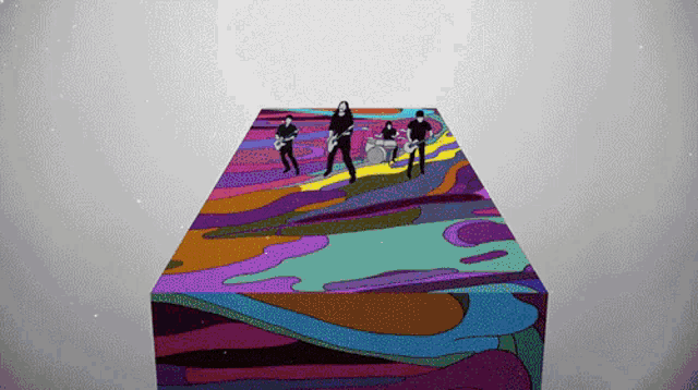 a group of people are playing instruments on a colorful background
