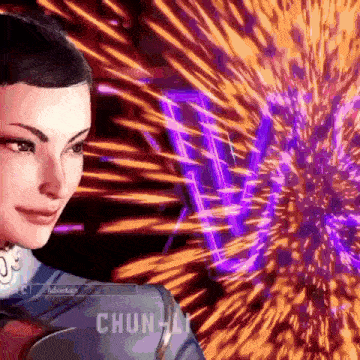 a woman in a video game is smiling in front of a purple and yellow background .