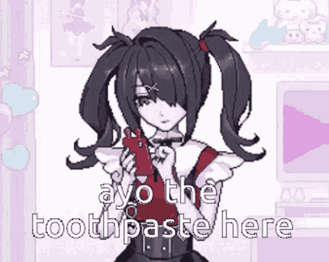 a pixel art of a girl with pigtails holding a cell phone and the words ayo the toothpaste here